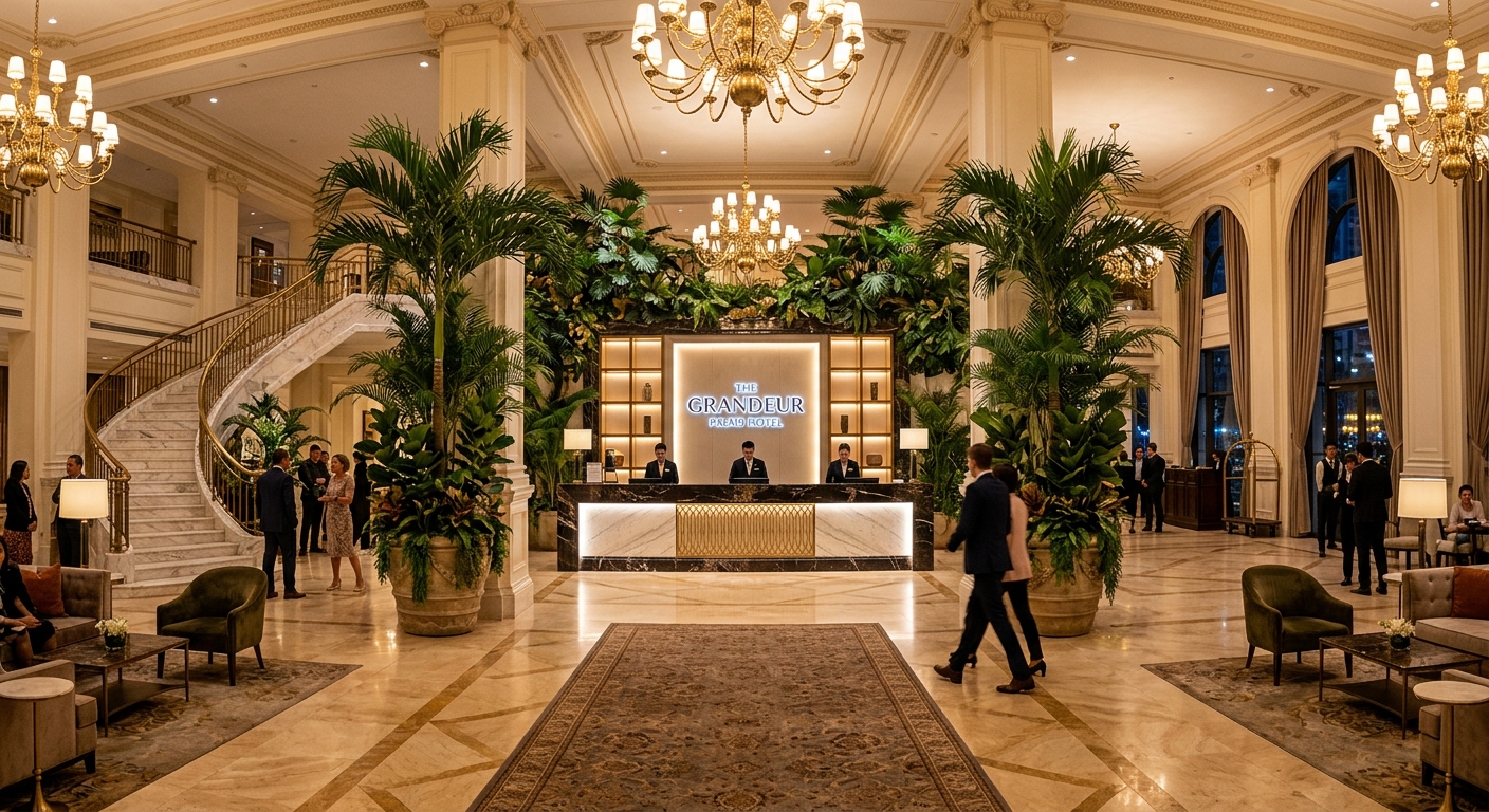 Grand hotel lobby with artificial tropical plants and palm trees flanking the reception area