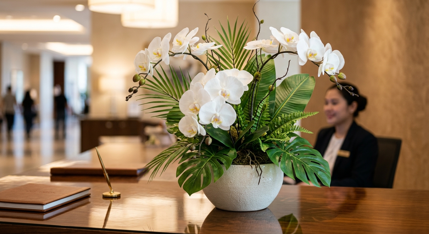 Realistic artificial orchid arrangement on a hotel reception counter showing lifelike petal detail