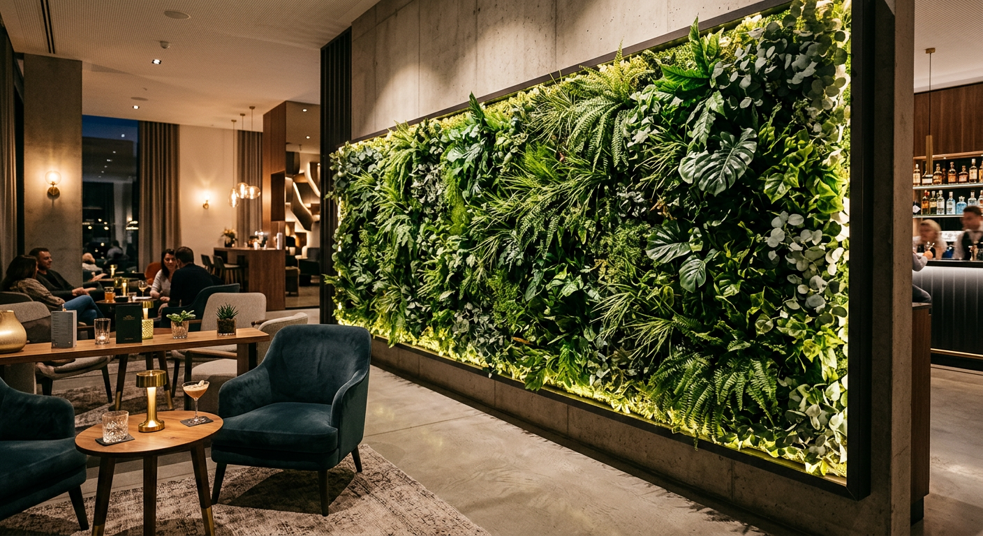 Large artificial green wall installation in a modern hotel restaurant with mixed faux foliage