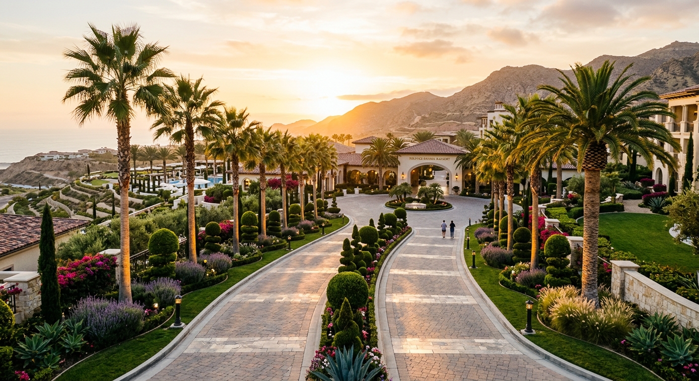 Artificial palm trees and topiary lining a luxury resort entrance driveway at golden hour