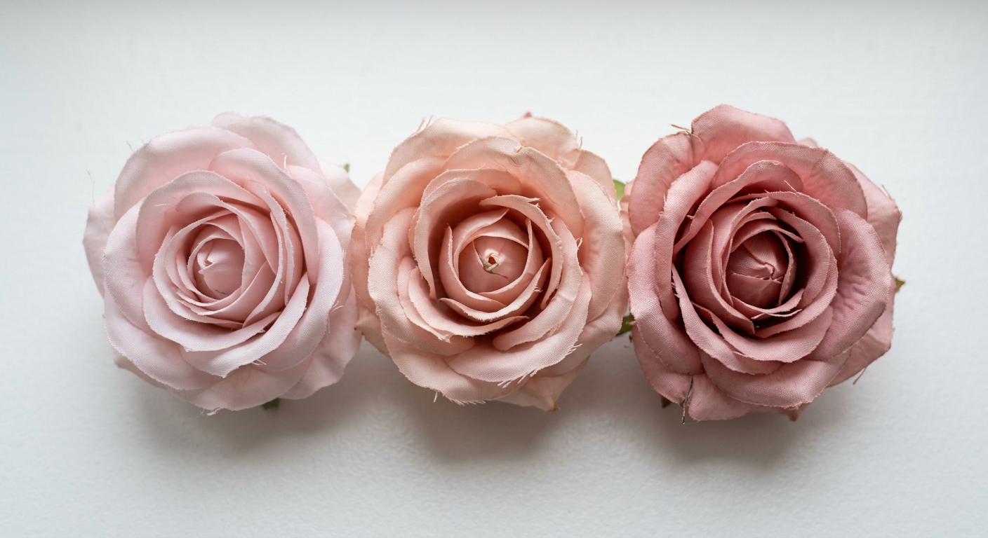 Three blush artificial rose heads showing subtle dye lot color variation