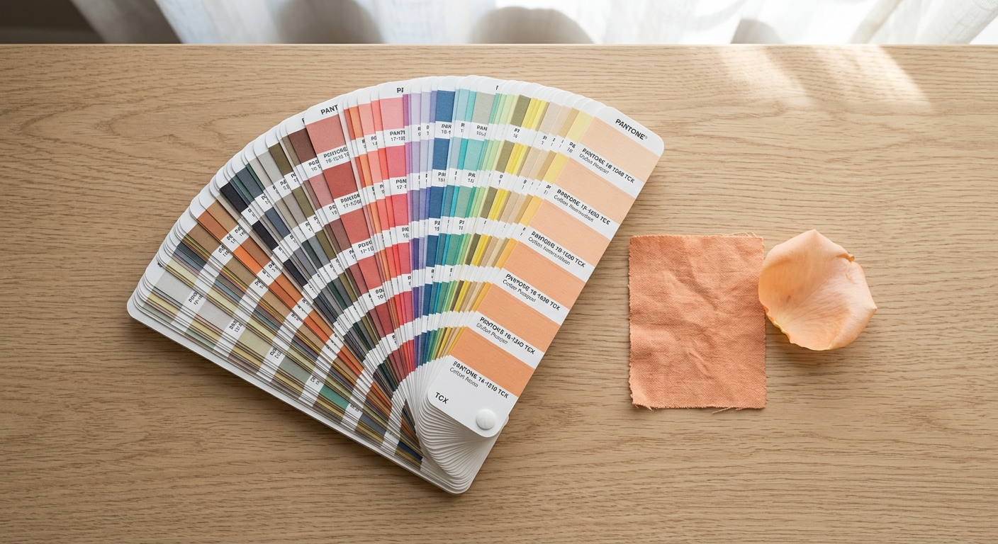Pantone TCX color reference next to artificial peach rose petal for color matching