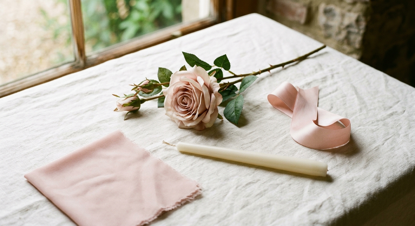 Artificial blush rose sample stem styled next to wedding decor elements for color approval