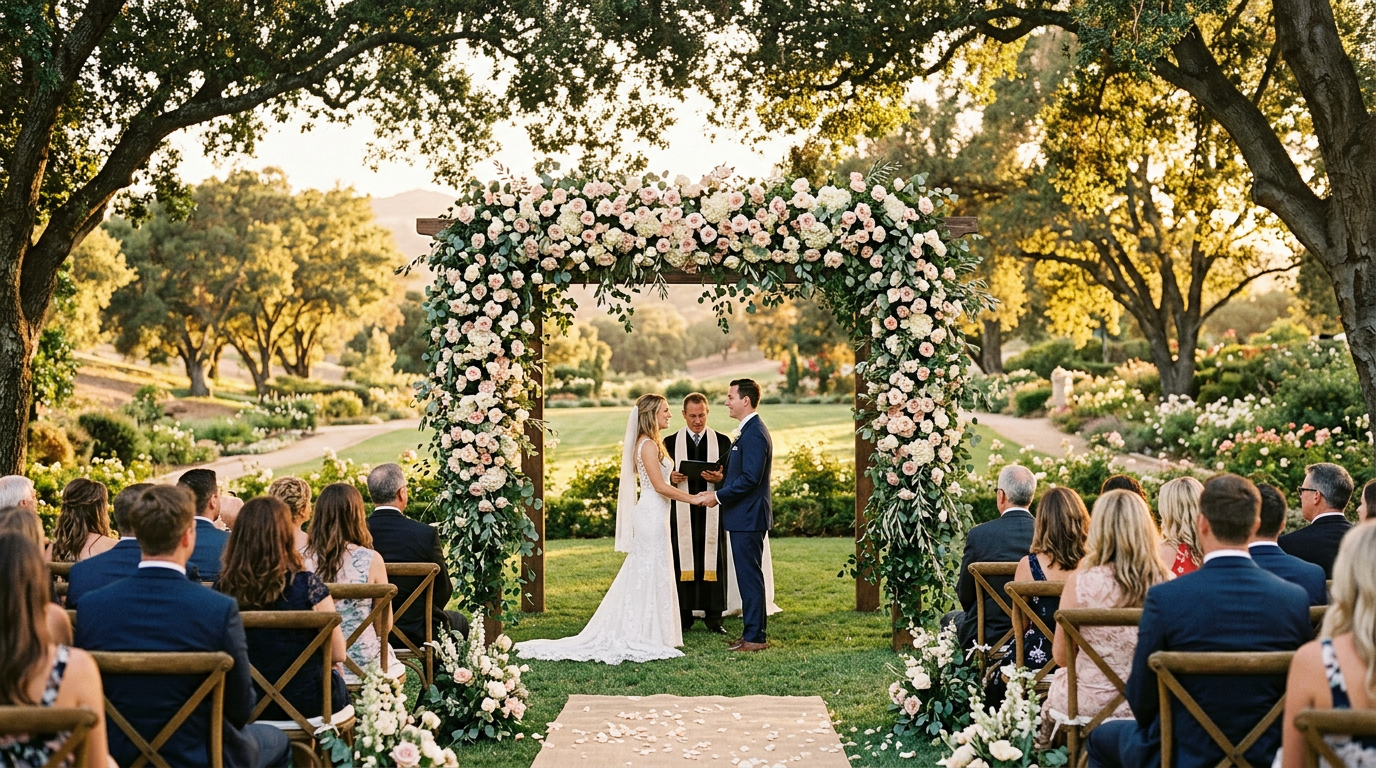 Outdoor wedding ceremony arch with color-coordinated artificial roses and eucalyptus
